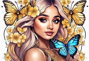 Ariana Grande with blonde hair surrounded in a golden aura with cherry blossoms and white butterflies with a key that unlocks a heart tattoo idea