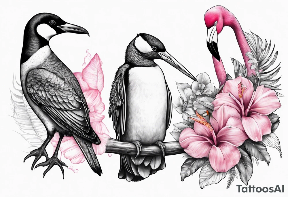 Penguin standing with pink flamingo and hummingbird tattoo idea