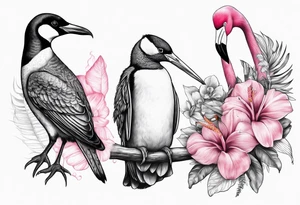 Penguin standing with pink flamingo and hummingbird tattoo idea