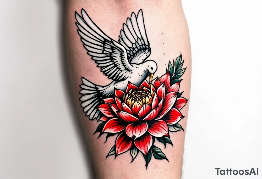 a dove drinking from an egyptian lotus (red and black) tattoo idea