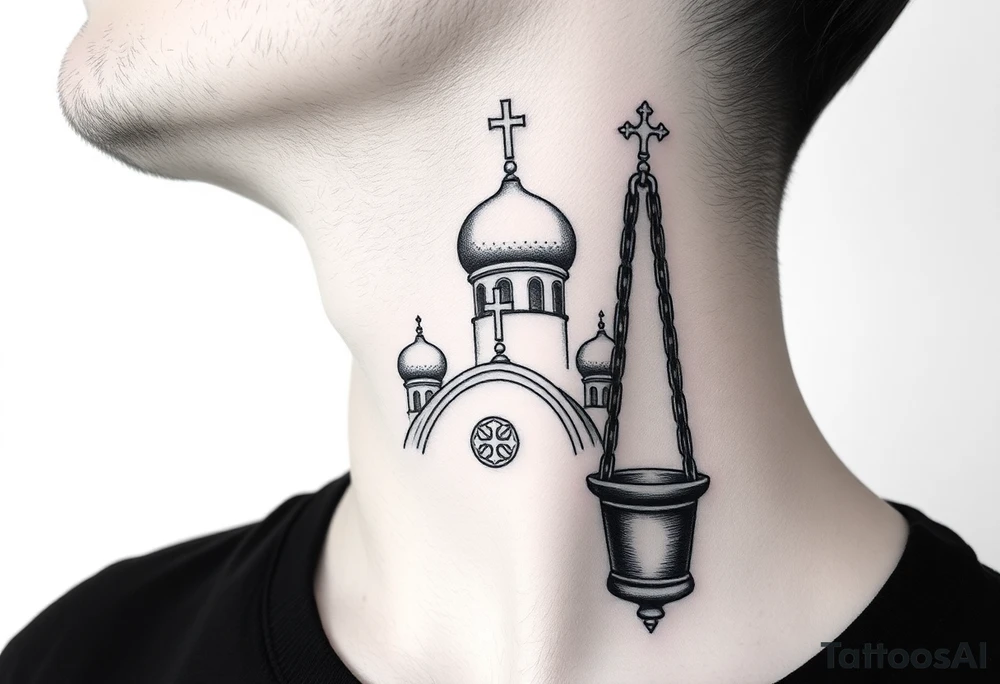 russian orthodox thurible chains with incense burning outside a russian orthodox domes church tattoo idea