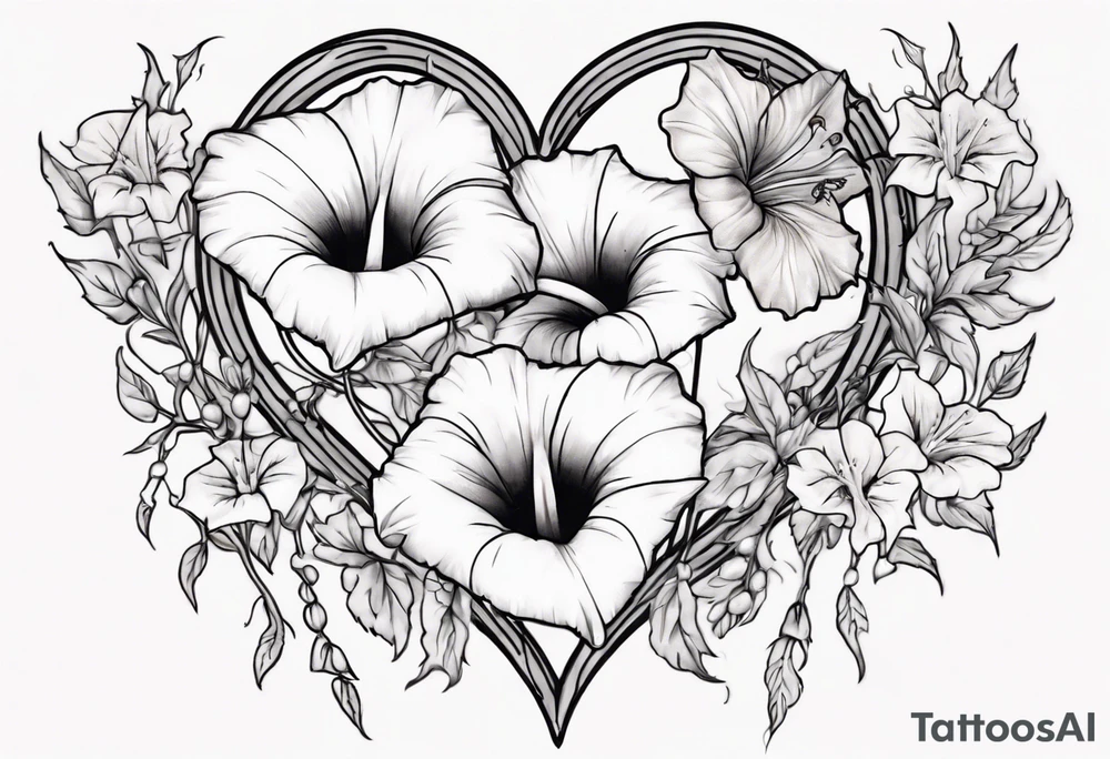 Morning glory and larkspur outlining a heart tattoo idea
