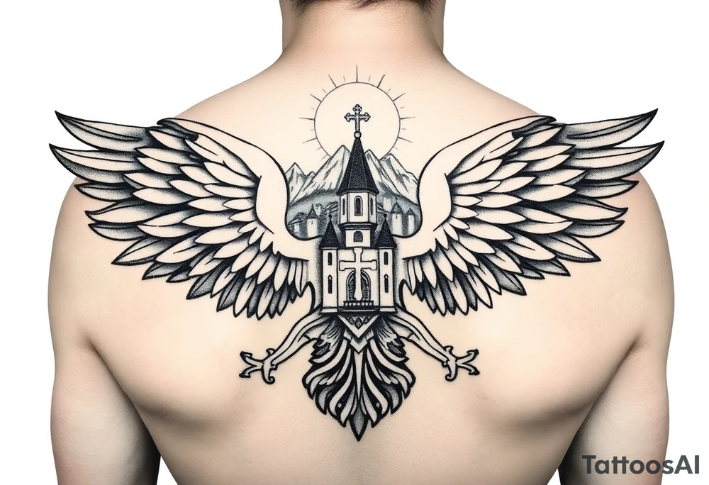 an actual russian coat of arms with the eagles wings spanning out on my back neck across my shoulders / traps with a orthodox christian church being visible in a mountainous sun beaming setting, with the russian orthodox cross spire of the orthodox church being visible on my neck with a sun beaming in the background that the cross sits inside tattoo idea