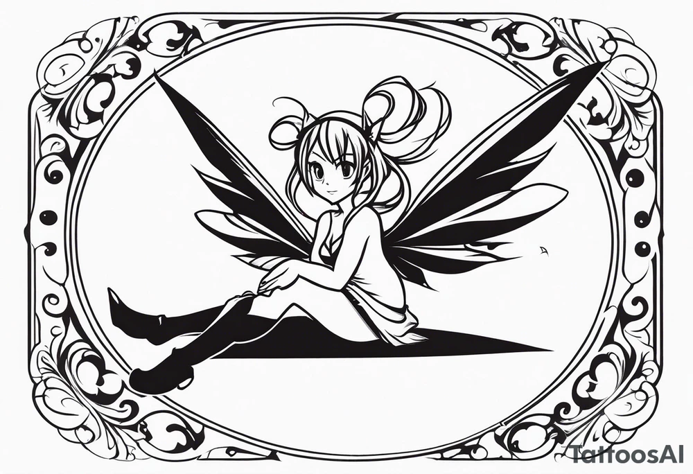 No color fairy with a tail inspired by the logo of the anime show called Fairy Tail in a fetal position leaning in and forward in the air flying tattoo idea