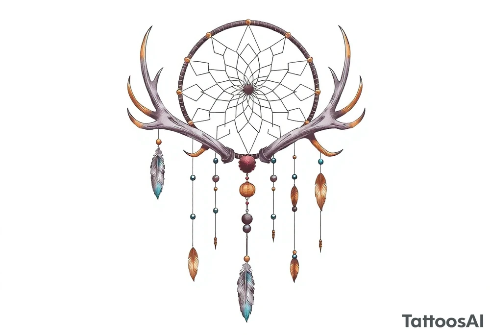 Dreamcatcher made from deer antlers with feathers and beads hanging off it tattoo idea
