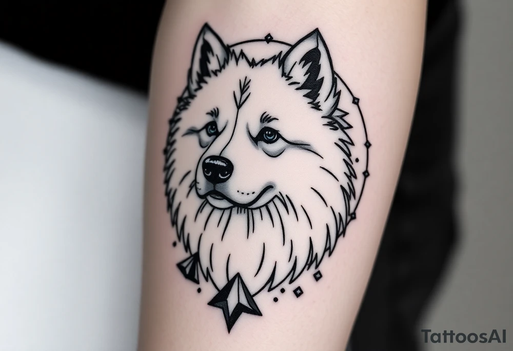 I would like a tattoo in a geometric-realistic style. I want it to depict my dog, a Samoyed (photo attached), combining his face with a design that includes lines, circles, and emotional or symbolic details—like a landscape or a memory connected to him."

If you’d like to customize it more with references to snow, mountains, or other memories, I can tweak it for you! tattoo idea