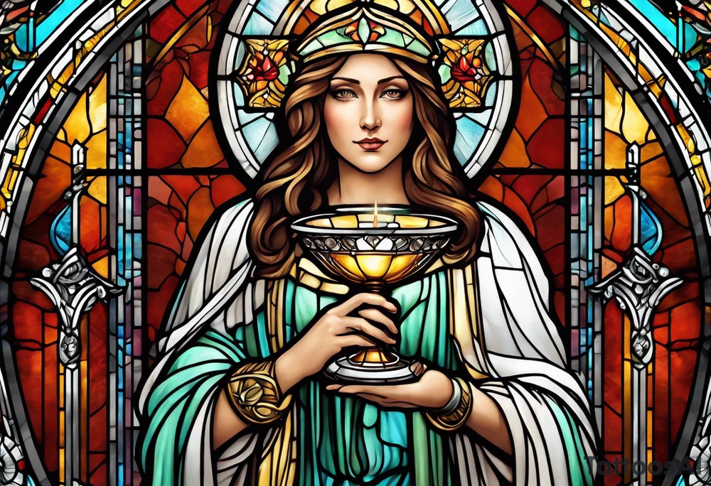 holy saint woman with halo stained glass holding a chalice tattoo idea