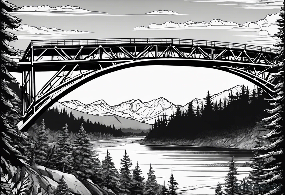steel truss cantilever bridge over river, mountains, sky, trees, pacific northwesdt tattoo idea