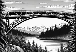 steel truss cantilever bridge over river, mountains, sky, trees, pacific northwesdt tattoo idea