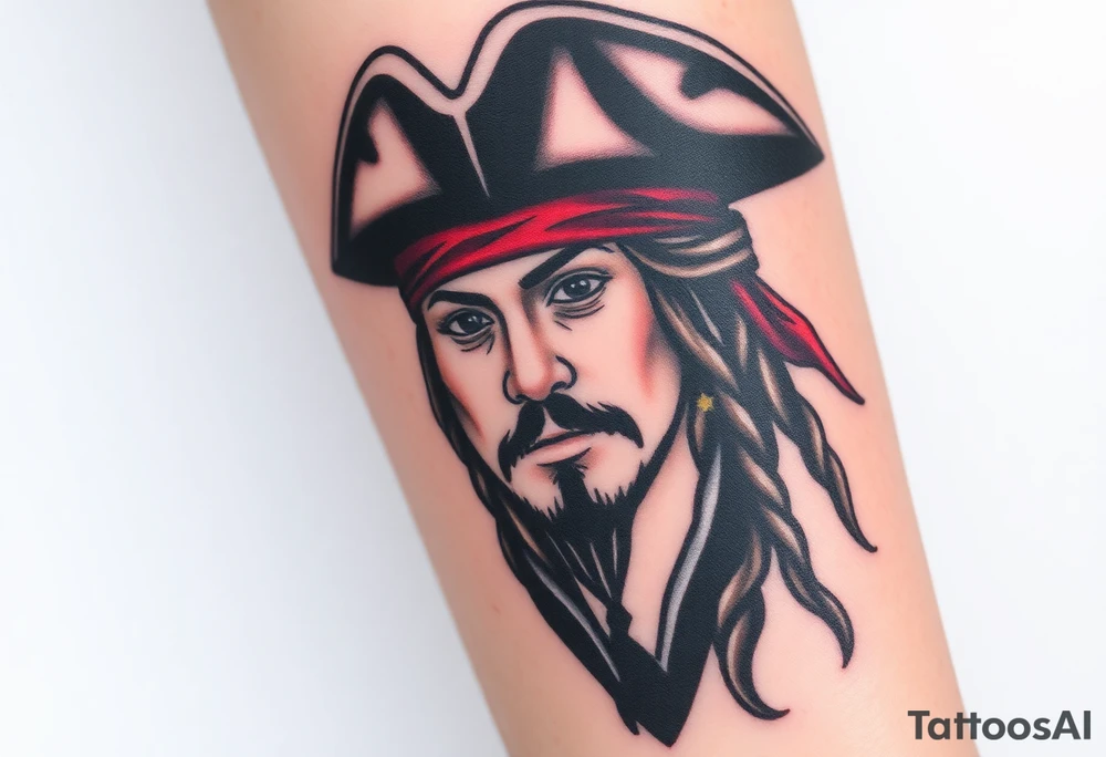 A stylized Jack Sparrow with exaggerated pirate hat and wild dreadlocks, done in bold black ink with deep red highlights for the bandana tattoo idea