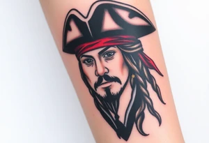 A stylized Jack Sparrow with exaggerated pirate hat and wild dreadlocks, done in bold black ink with deep red highlights for the bandana tattoo idea