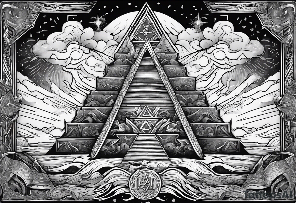Valhalla stairs 
 sword shield  axe 
Valknut  ruins lightnings tattoo idea