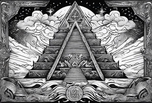 Valhalla stairs 
 sword shield  axe 
Valknut  ruins lightnings tattoo idea