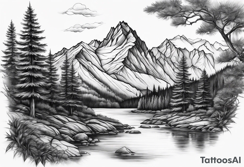 Mountains trees River tattoo idea