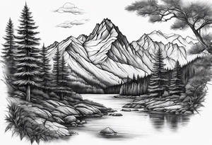 Mountains trees River tattoo idea