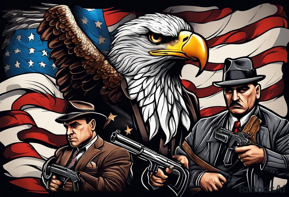 capone style gangsters battling with machine guns against a dark flame background with an angry eagle swooping in with american flag and sexy women tattoo idea