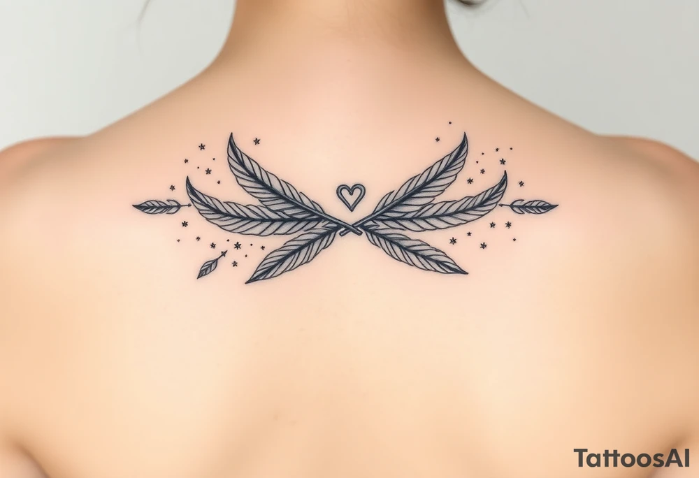 infinity symbol woven with floating feathers and stardust tattoo idea