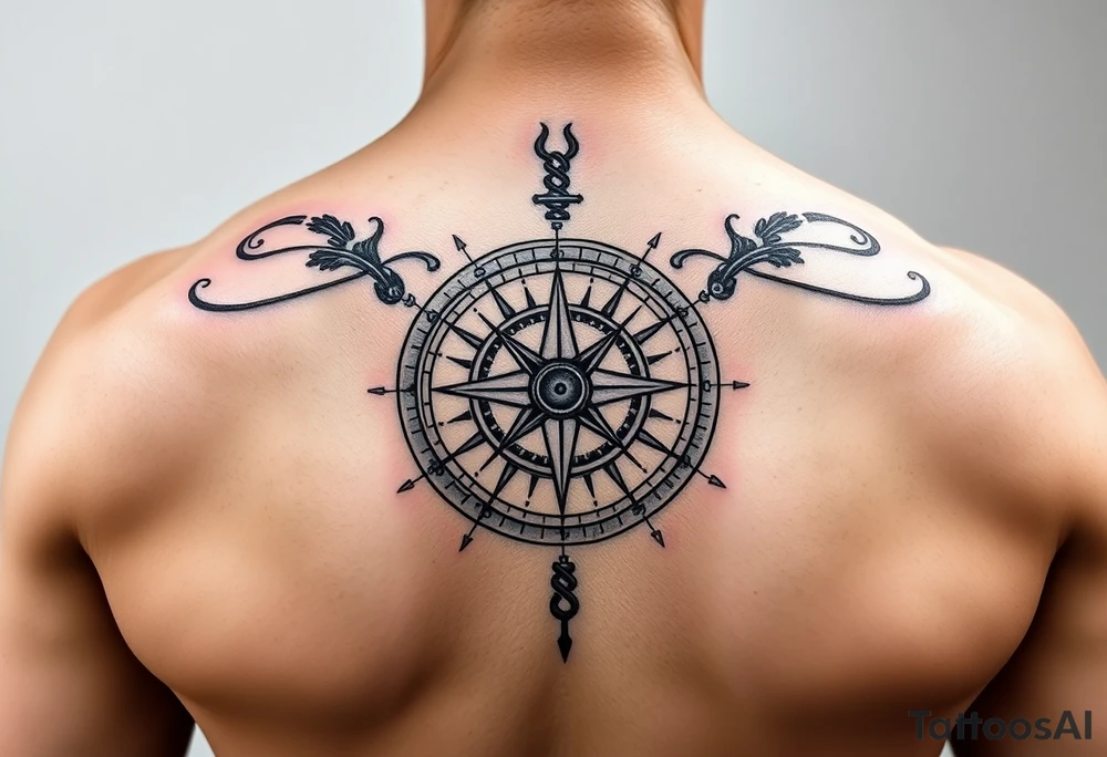 Roman stoic theme with sun dial compass tattoo idea