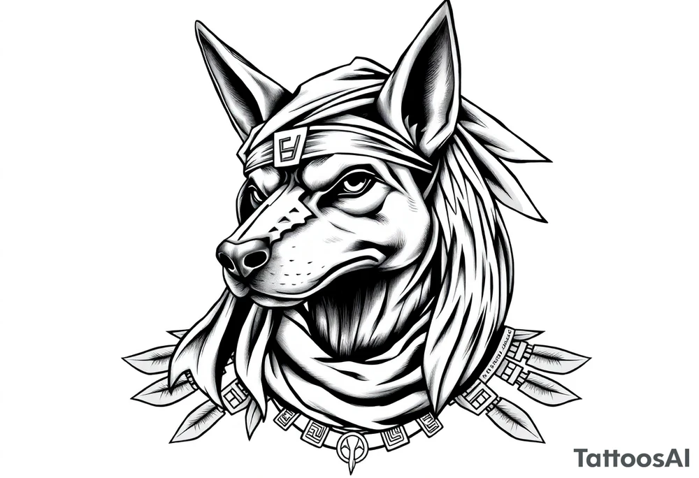 Egyptian Anubis god face muscle in Egypt style  with scarf on head

dog face surrounded Egyptian symbols based on elements tattoo idea