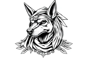 Egyptian Anubis god face muscle in Egypt style  with scarf on head

dog face surrounded Egyptian symbols based on elements tattoo idea