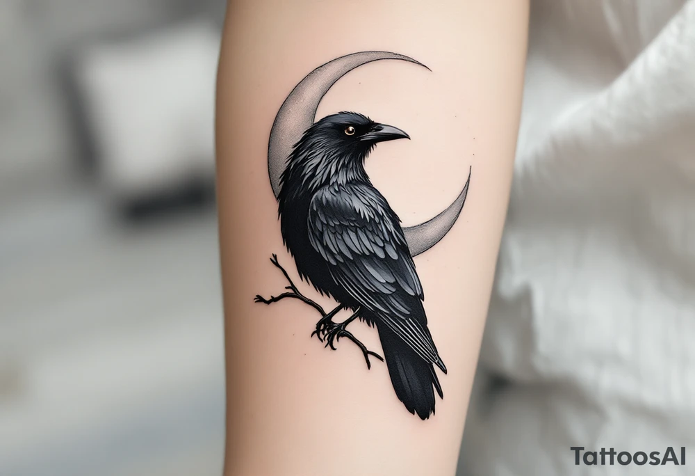 Mystic Black Crow with Crescent Moon – A sleek black crow perched on a branch, silhouetted against a silver crescent moon. Fine-line style with subtle gray shading. tattoo idea