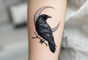 Mystic Black Crow with Crescent Moon – A sleek black crow perched on a branch, silhouetted against a silver crescent moon. Fine-line style with subtle gray shading. tattoo idea