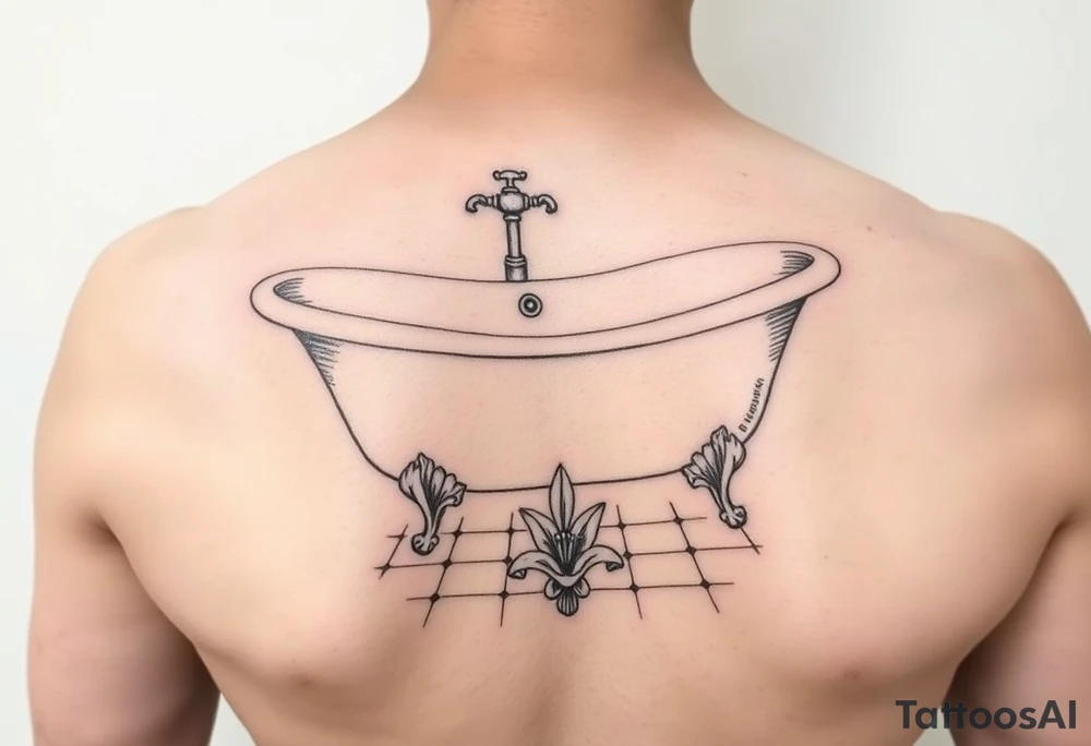 clawfoot bathtub with simple faucet and lily coming up out of the tile floor tattoo idea