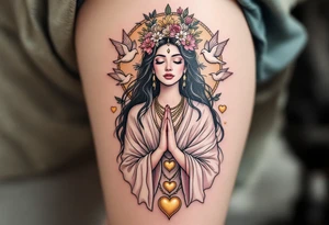 Lada Goddess – A serene figure in white and pale pink robes, crowned with flowers, surrounded by doves and hearts of gold. tattoo idea
