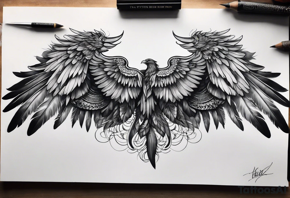 wings tattoo extending from a mens shoulders, covering the upper arms and upper back. The feathers are intricately detailed, with soft shading in black and gray to create depth and texture. tattoo idea