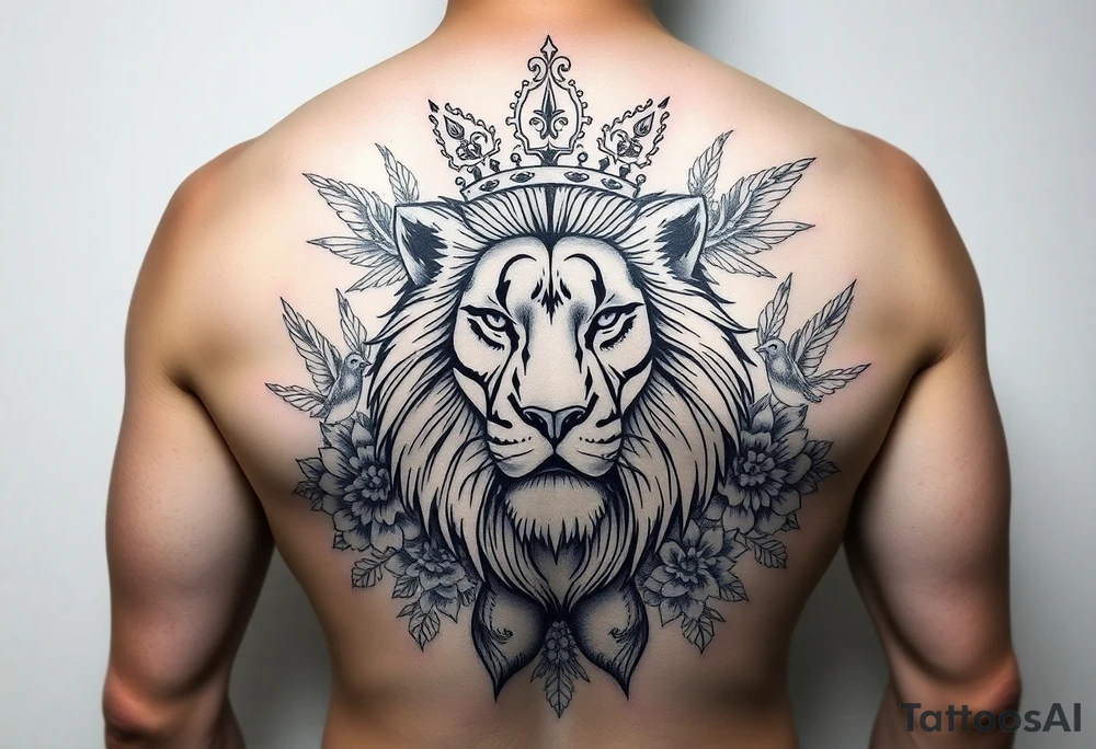 powerful majestic lion with a crown, surrounded by floral ornaments and birds tattoo idea
