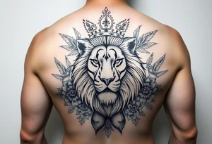 powerful majestic lion with a crown, surrounded by floral ornaments and birds tattoo idea
