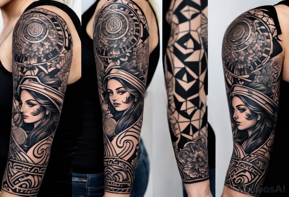 A full tattoo sleeve inspired by Greek mythology, centered around the Greek goddess Athena. Athena is portrayed with a strong, commanding presence, symbolizing wisdom, strength, and warfare. The design emphasizes bold, clean lines with a focus on sharp contrasts, creating a powerful and dynamic visual impact. Surrounding Athena, incorporate a mandala effect with geometric patterns that evoke a sense of order and strategy, reflecting her role as a warrior goddess. The sleeve also features masculine elements such as a fierce owl with piercing eyes, an ornate warrior’s helmet, and olive branches intertwined with Spartan-style armor, all seamlessly integrated into the design. The overall aesthetic is strong, rugged, and heroic, capturing the essence of Athena’s wisdom and martial prowess in a way that resonates with a masculine energy tattoo idea