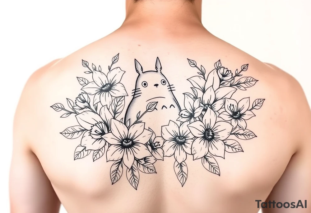 fine line tattoo of roses and lilies with Totoro Characters throughout for arm/forearm tattoo idea