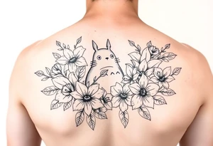 fine line tattoo of roses and lilies with Totoro Characters throughout for arm/forearm tattoo idea