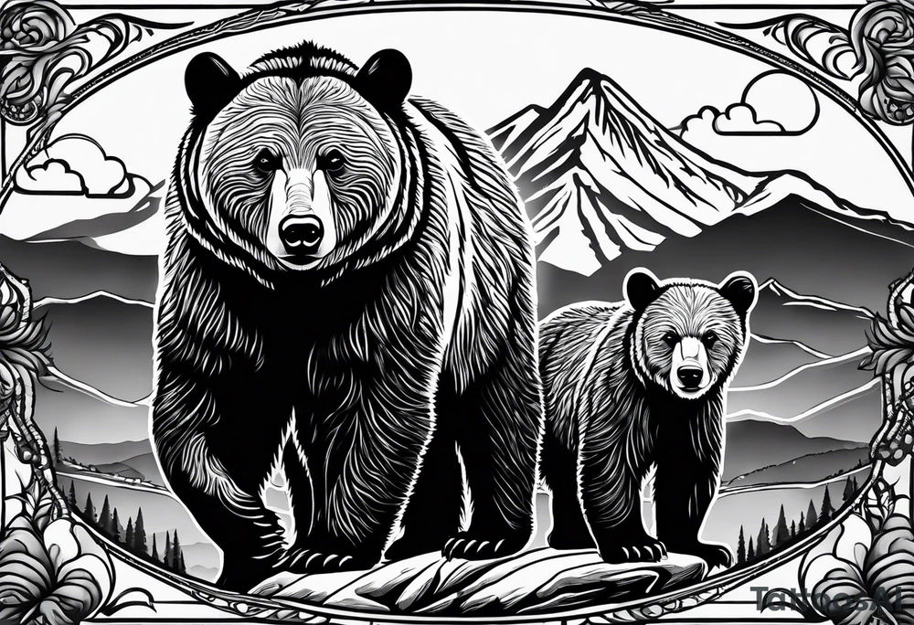 mamma bear and cub with mountains tattoo idea