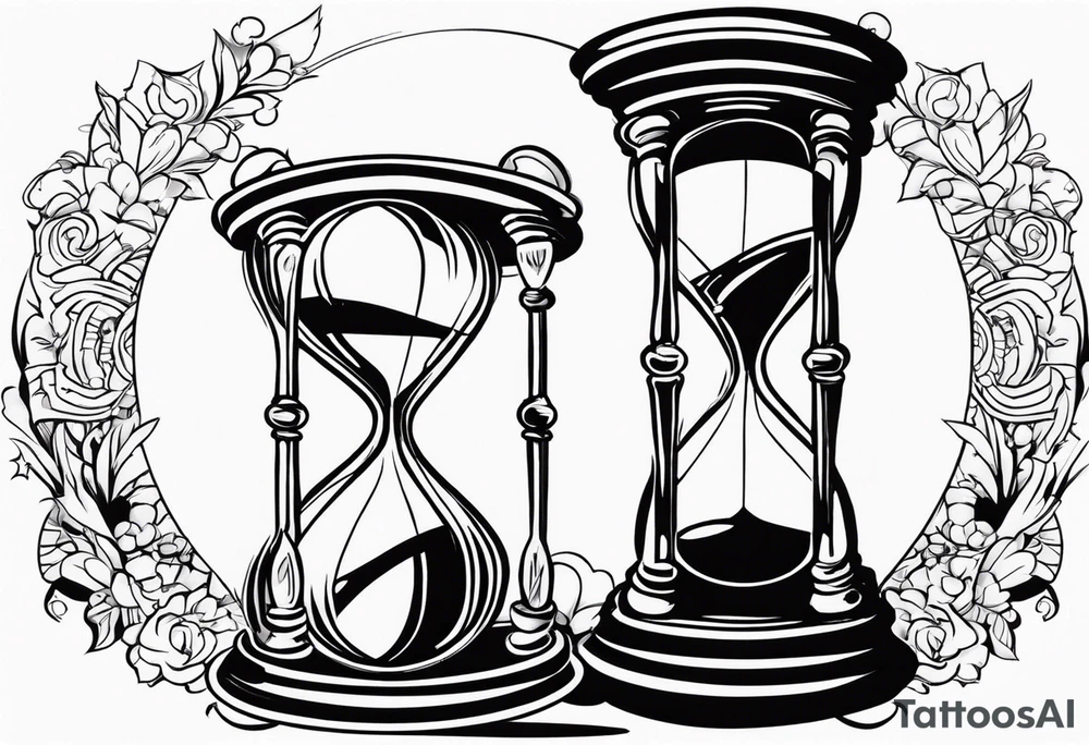draw a clock/hourglass. They are surrounded by Roman numerals. It is a black and white tattoo for the right shoulder of a man tattoo idea