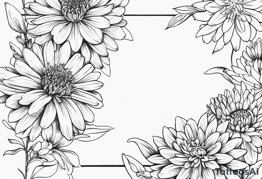 Asters, lillies, and chrysanthemums in a long line tattoo idea