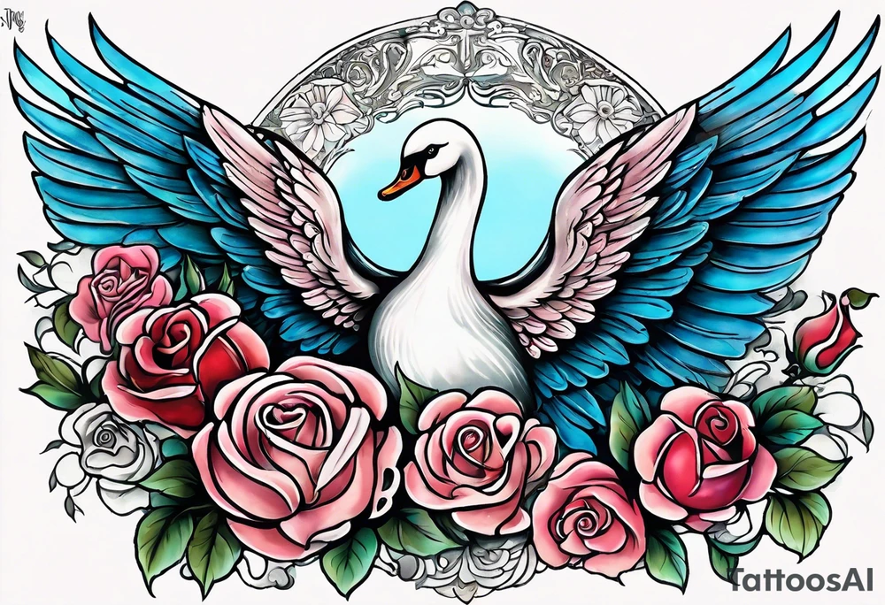 Soft washes of color create a dreamlike effect. Imagine the angel's wings with watercolor washes, the swan blending into soft blues, and the roses blooming in watercolor pinks and reds. tattoo idea