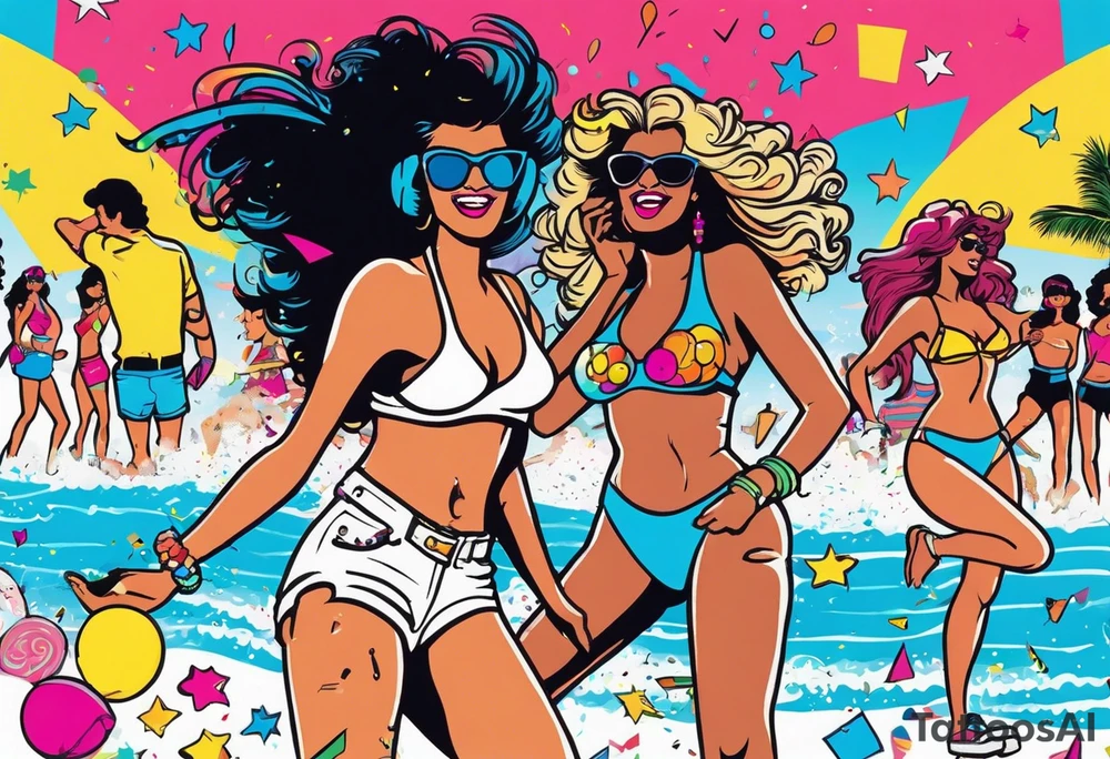 1980's miami vice style beach dance 
party, include confetti, music notes, boom box, bikinis tattoo idea
