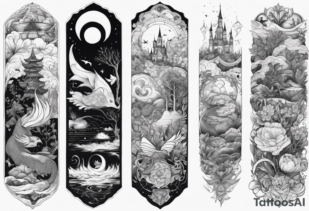 Fantasy story collage tattoo sleeve tattoo idea | TattoosAI