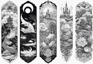 Fantasy story collage tattoo sleeve tattoo idea