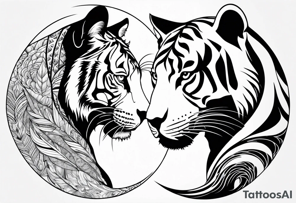 Tiger and panther yin yang, girl looking down at camera, full sleeve tattoo idea