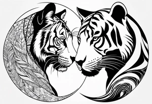 Tiger and panther yin yang, girl looking down at camera, full sleeve tattoo idea