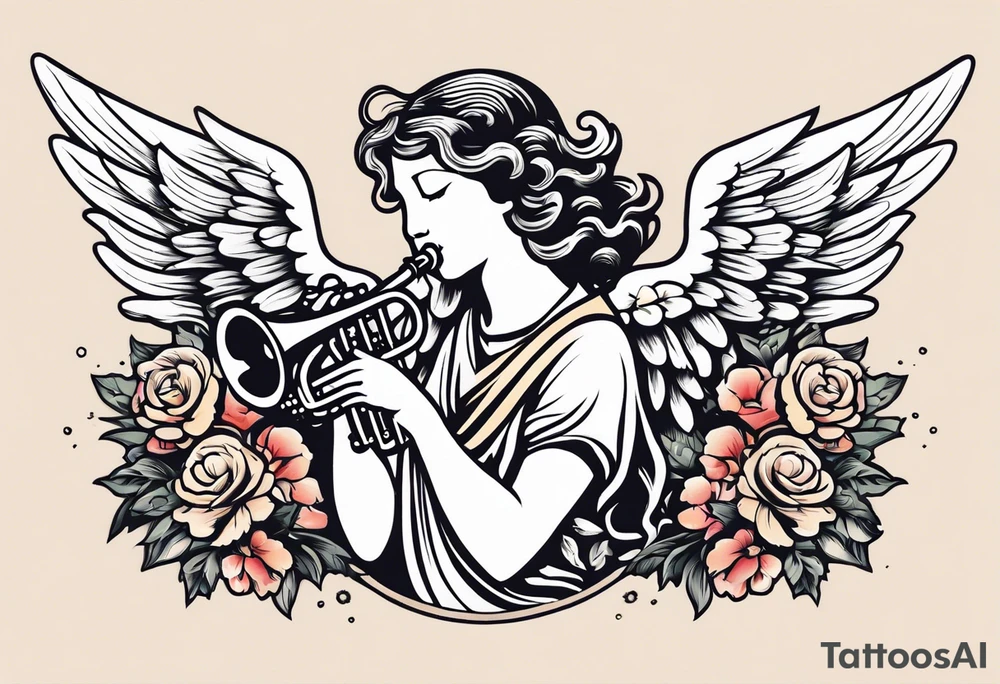angel with trumpet
old school vintage simple traditional design with vintage flowers surrounding it bold color tattoo idea