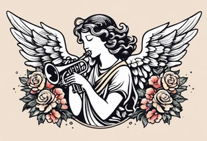 angel with trumpet
old school vintage simple traditional design with vintage flowers surrounding it bold color tattoo idea