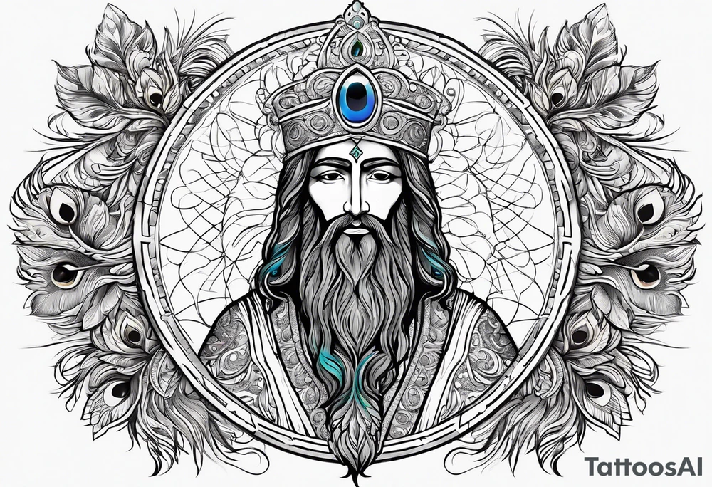 flat stern byzantine Christ with all-demanding eyes with a halo made of peacock feathers tattoo idea