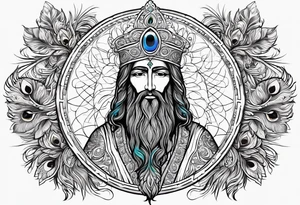 flat stern byzantine Christ with all-demanding eyes with a halo made of peacock feathers tattoo idea