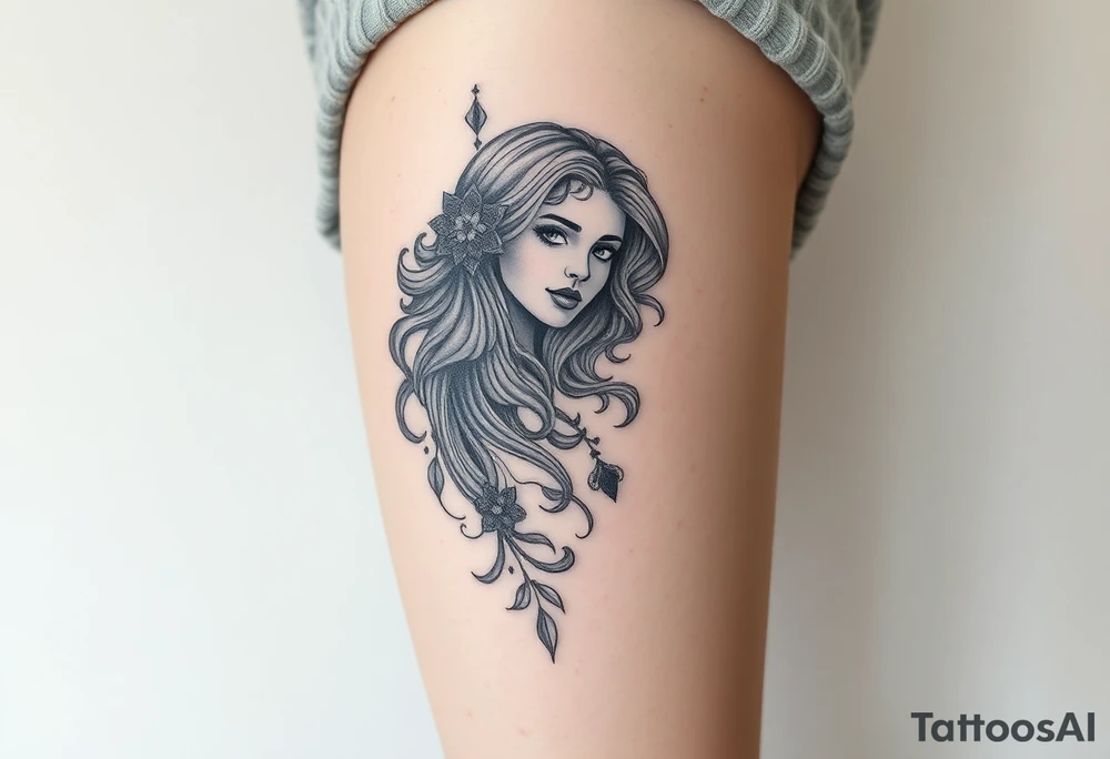 Full thigh tattoo with pretty girl and art work tattoo idea