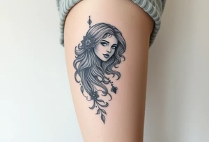 Full thigh tattoo with pretty girl and art work tattoo idea