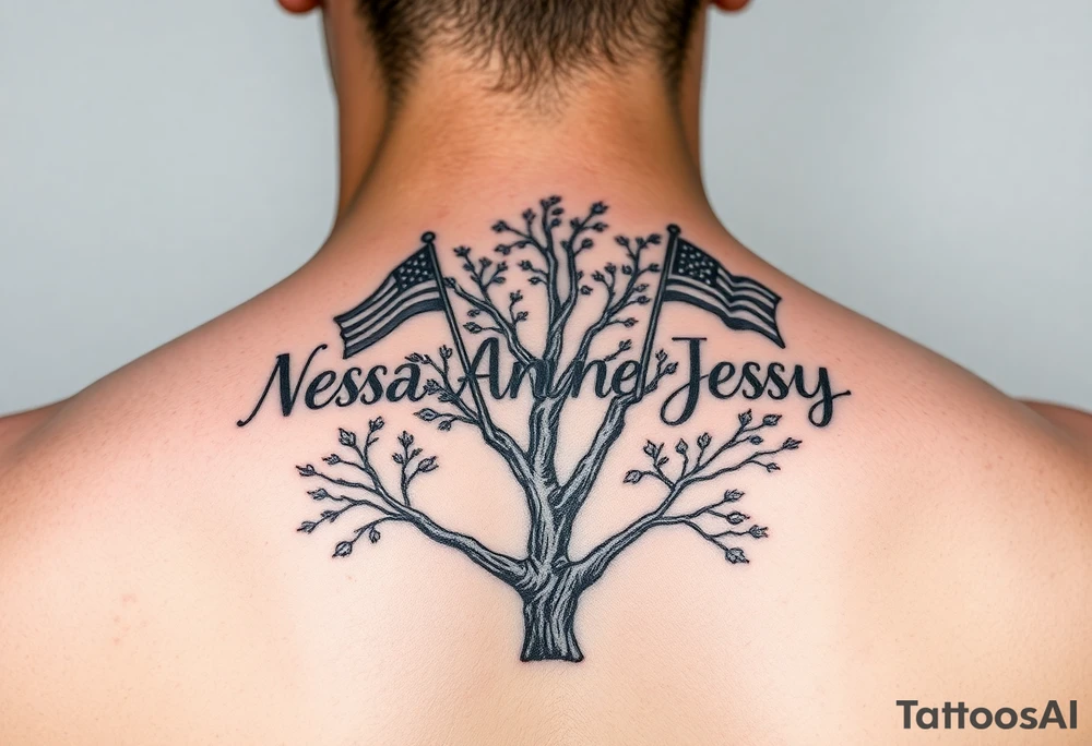 the name Nessa, Anne, Jessy in flags on a live tree tattoo idea